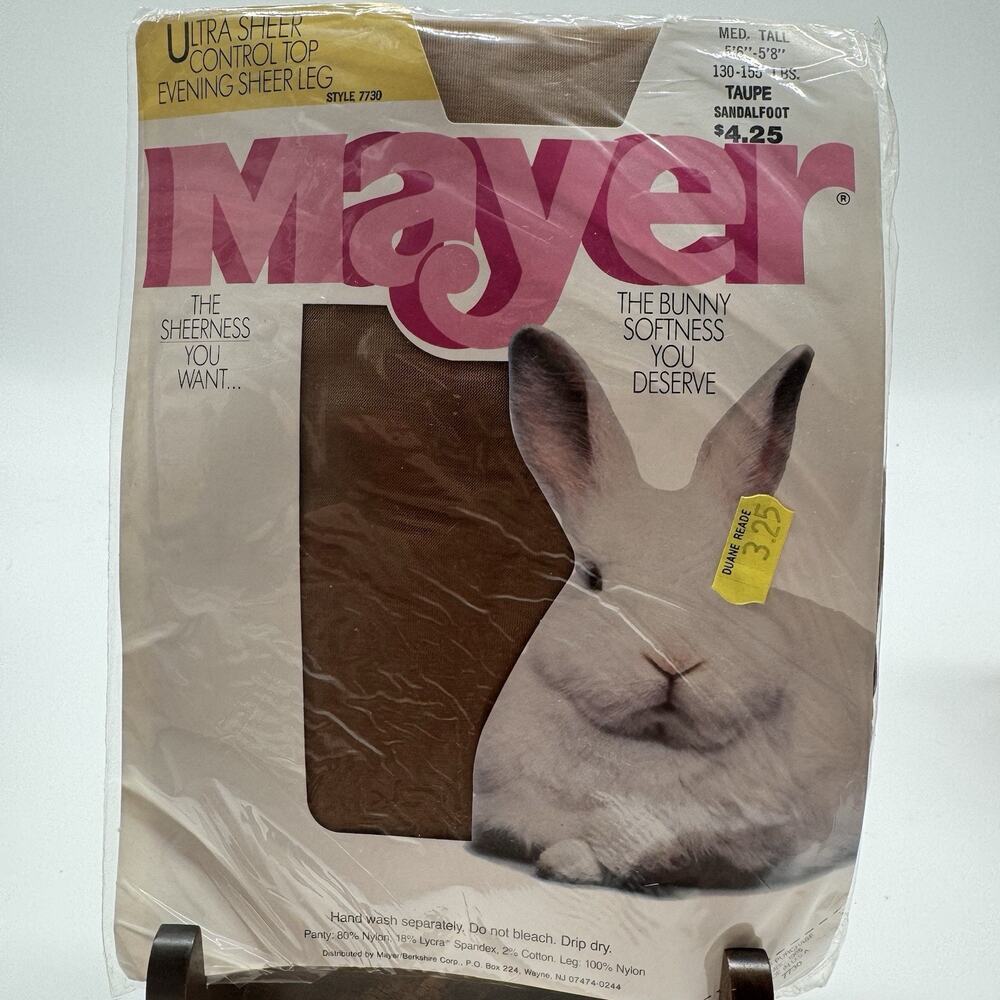 Mayer TAUPE Ultra Sheer Control Top Sandalfoot Med Tall 80’s Pantyhose BUNNY NOS